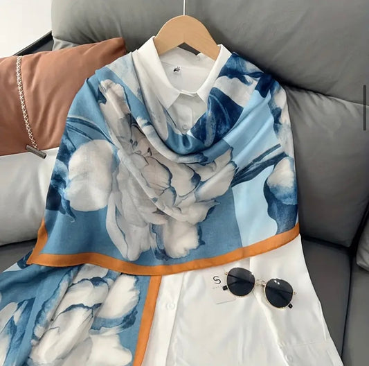 Blue Floral Branded Print Viscose Cotton