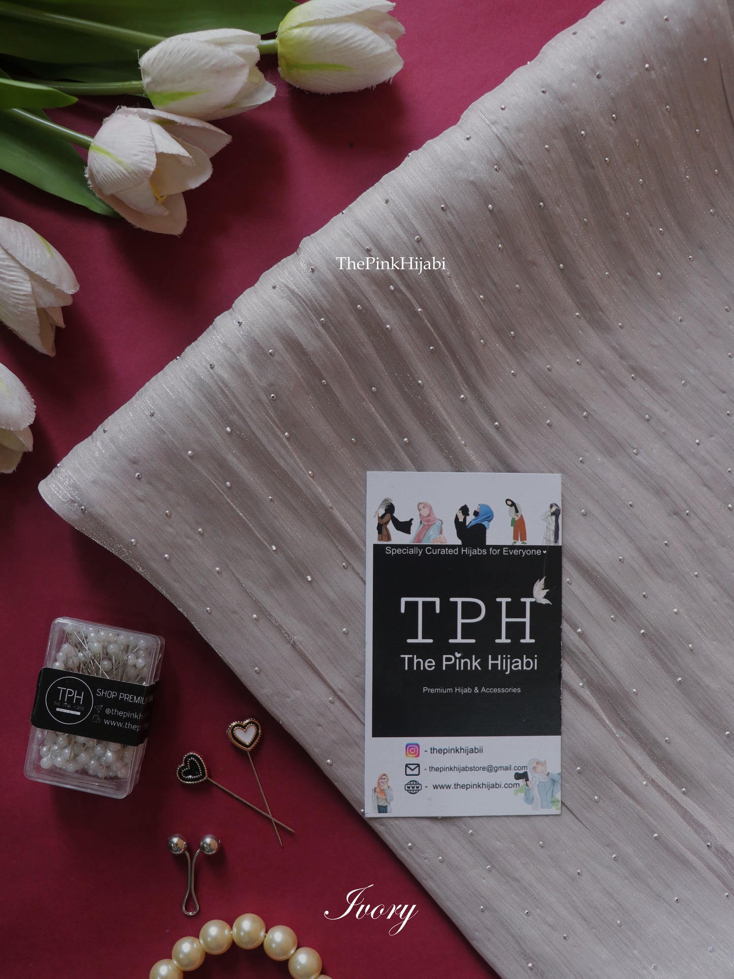 Diamond Organza Hijab – Ivory | Soft Bridal & Party Hijab