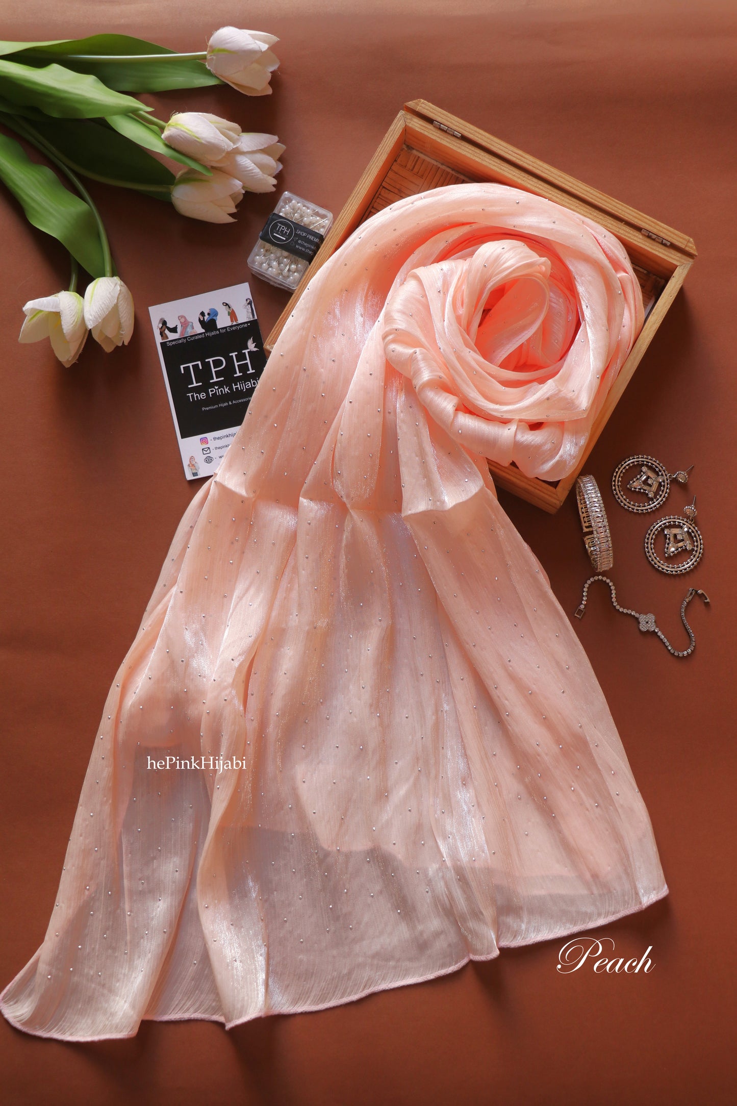 Diamond Organza Hijab – Peach | Lightweight Party Wear Scarf