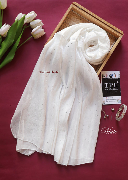 Diamond Organza Hijab – White | Bridal & Party Wear Shimmer Hijab