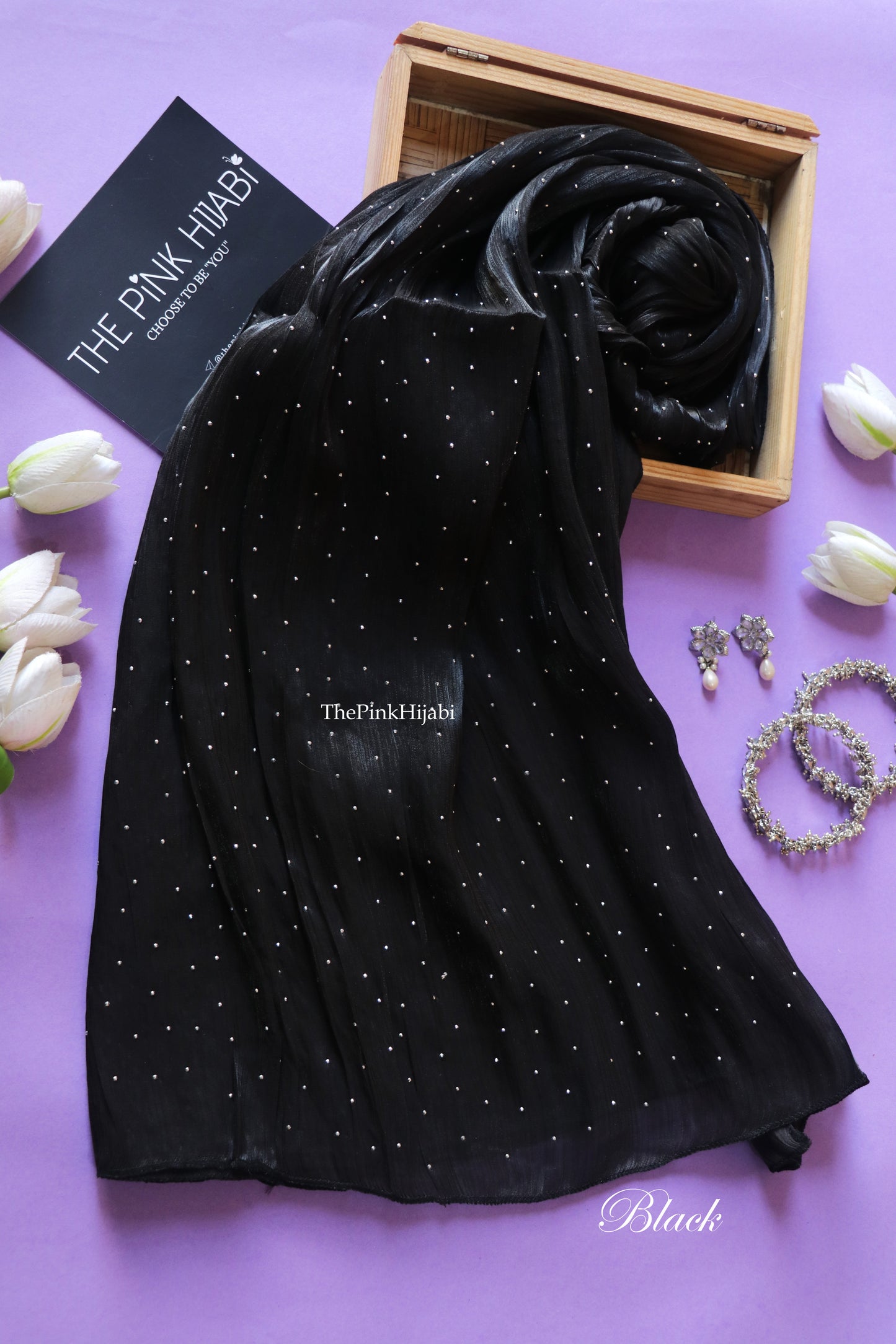 Diamond Organza Hijab – Black | Classic Party Wear Shimmer Hijab