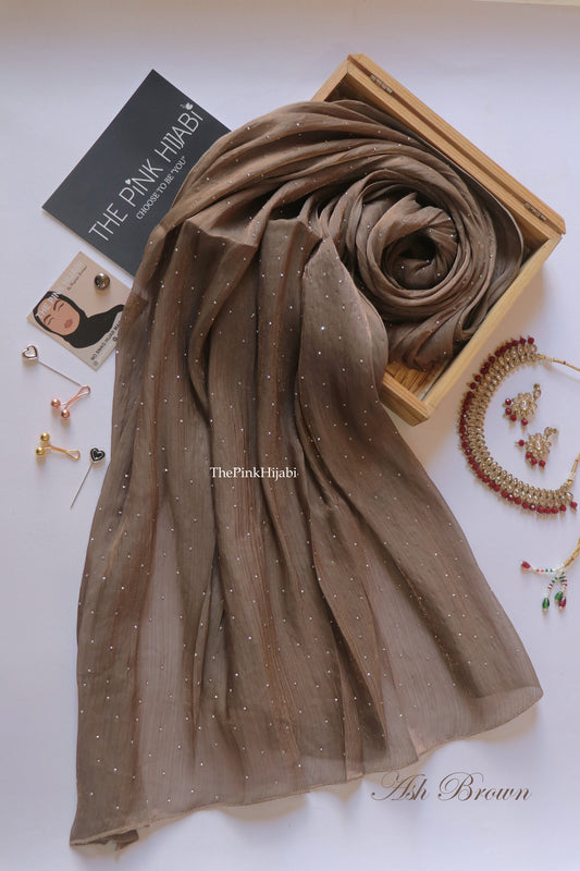 Diamond Organza Hijab – Ash Brown | Neutral Party Wear Hijab