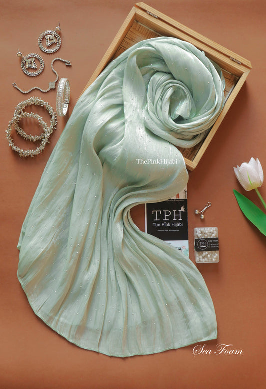 Diamond Organza Hijab – Sea Foam | Fresh Pastel Party Wear Hijab