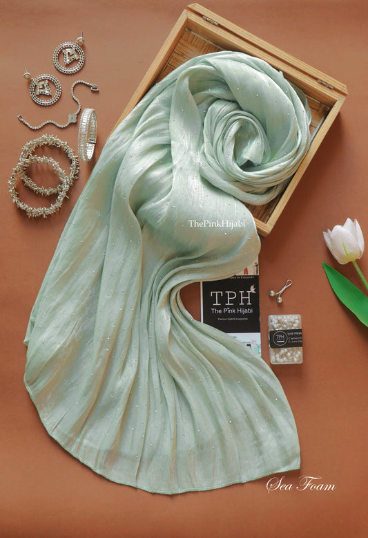Diamond Organza Hijab – Sea Foam | Fresh Pastel Party Wear Hijab