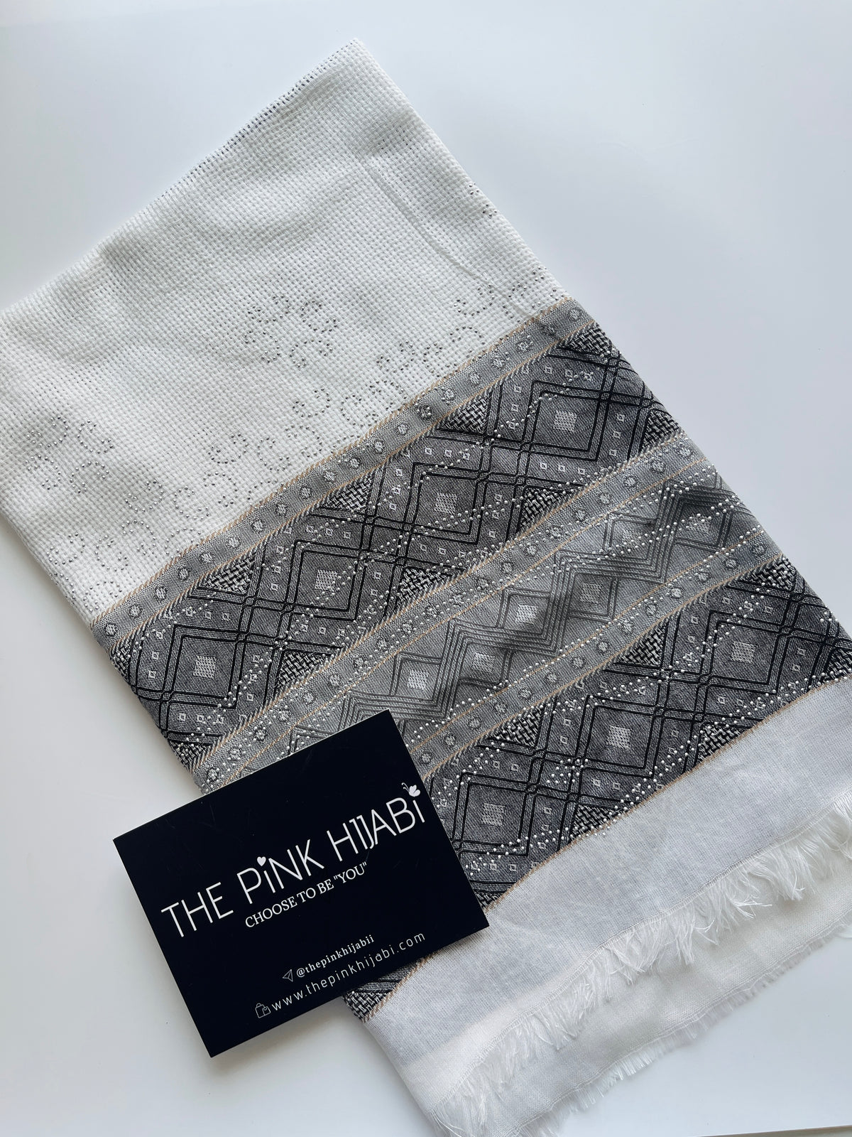 Premium ivory, blush pink and silver embellished stole with delicate decorative detailing by The Pink Hijabi.